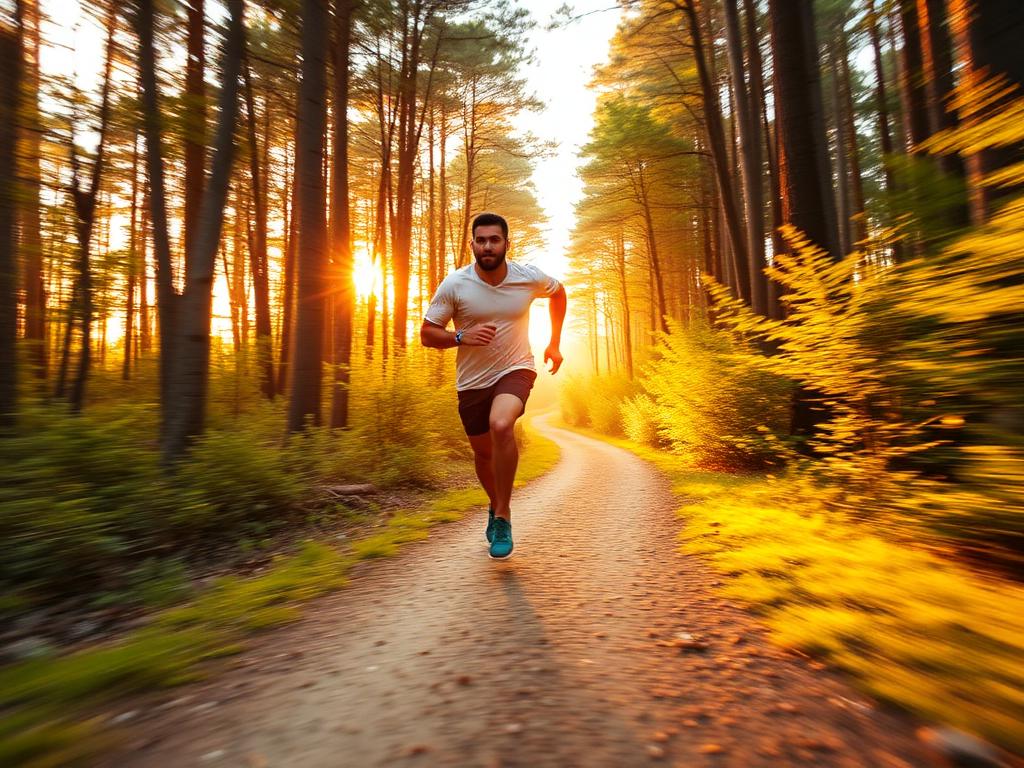 Hombre corriendo en sendero al atardecer